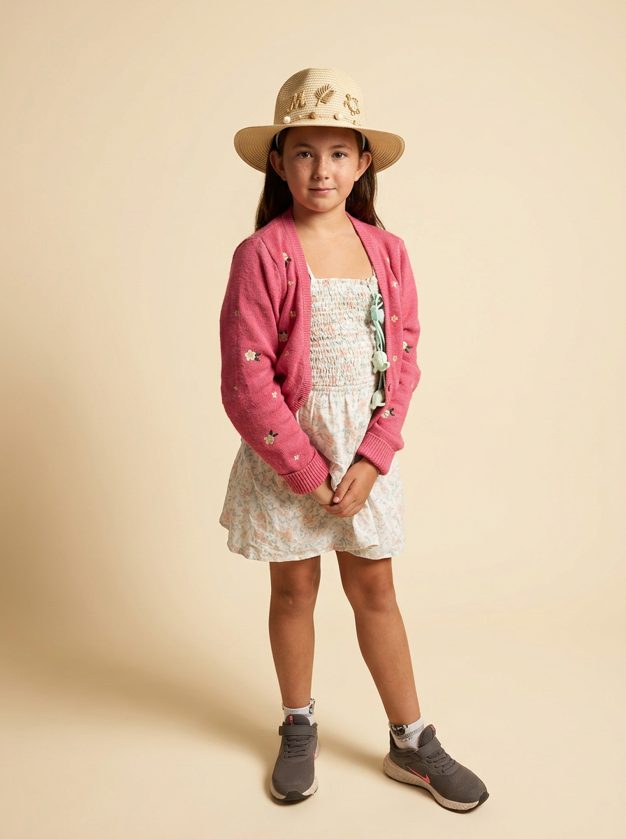 Full length studio portrait of Francesca wearing the Golden Hour hat with gold initials, a palm leaf, a sea turtle and pearls