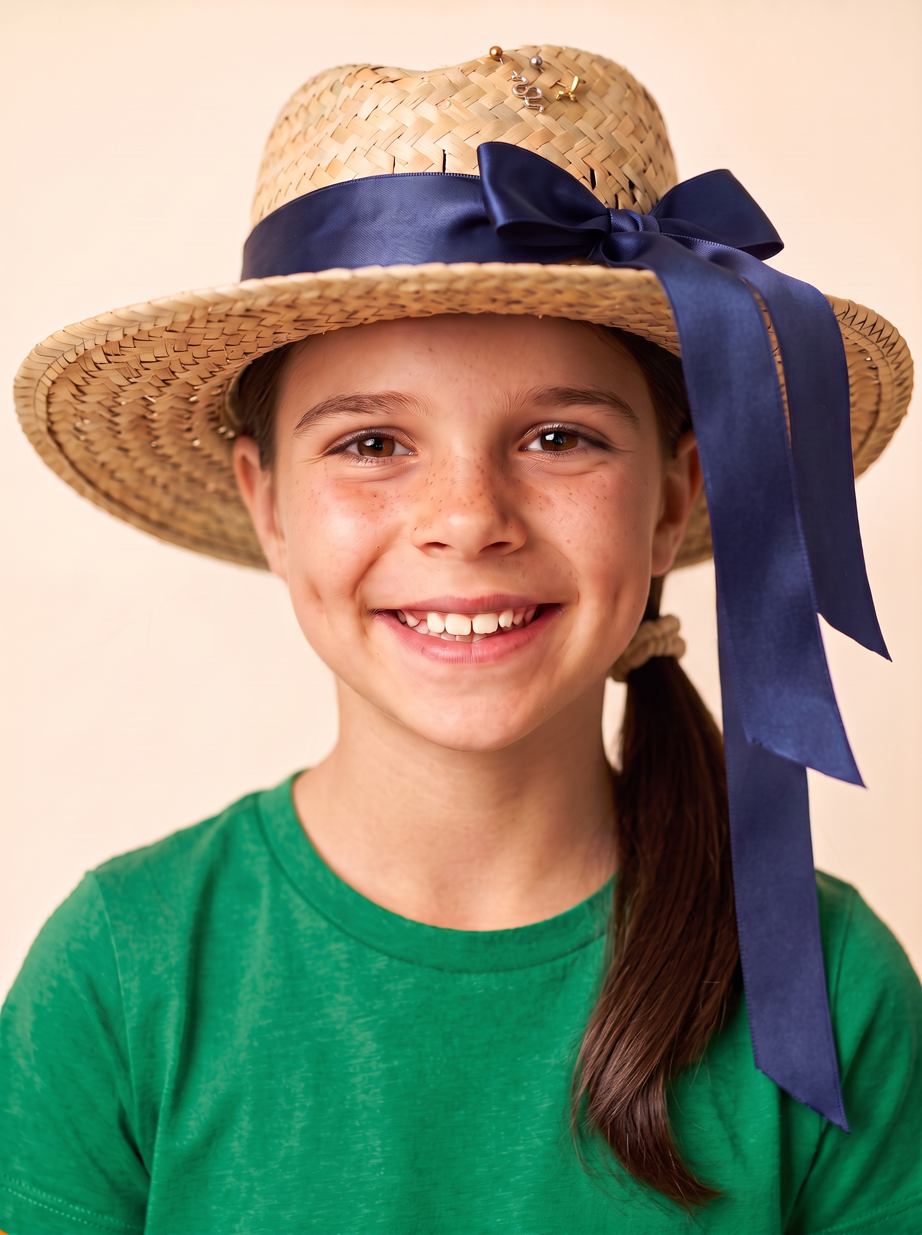Smiling girl wearing her personalised straw hat with charms on the crown
