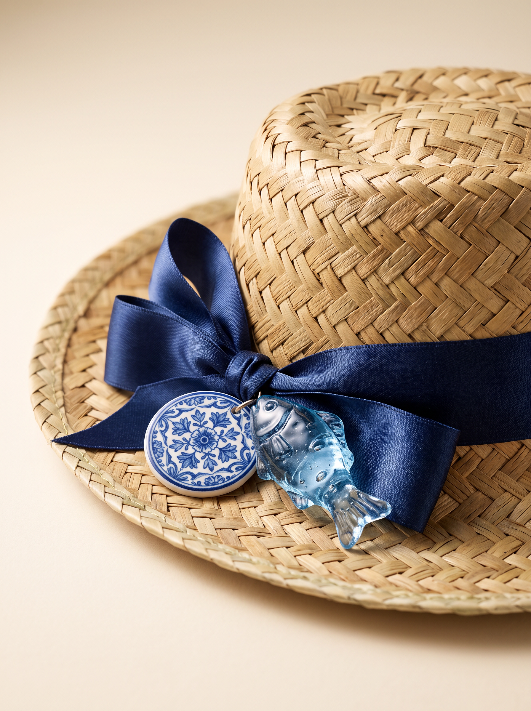Close-up of a straw hat with navy bow, azulejo tile charm and blue glass fish charm