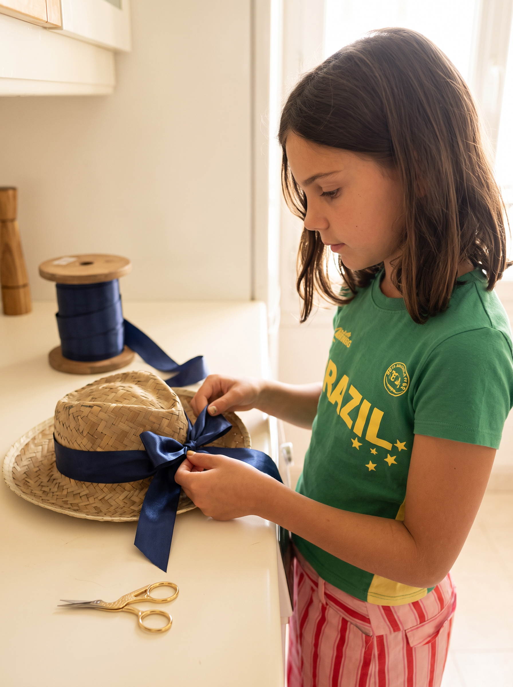 Girl tying a navy satin ribbon around a straw hat in a bright studio