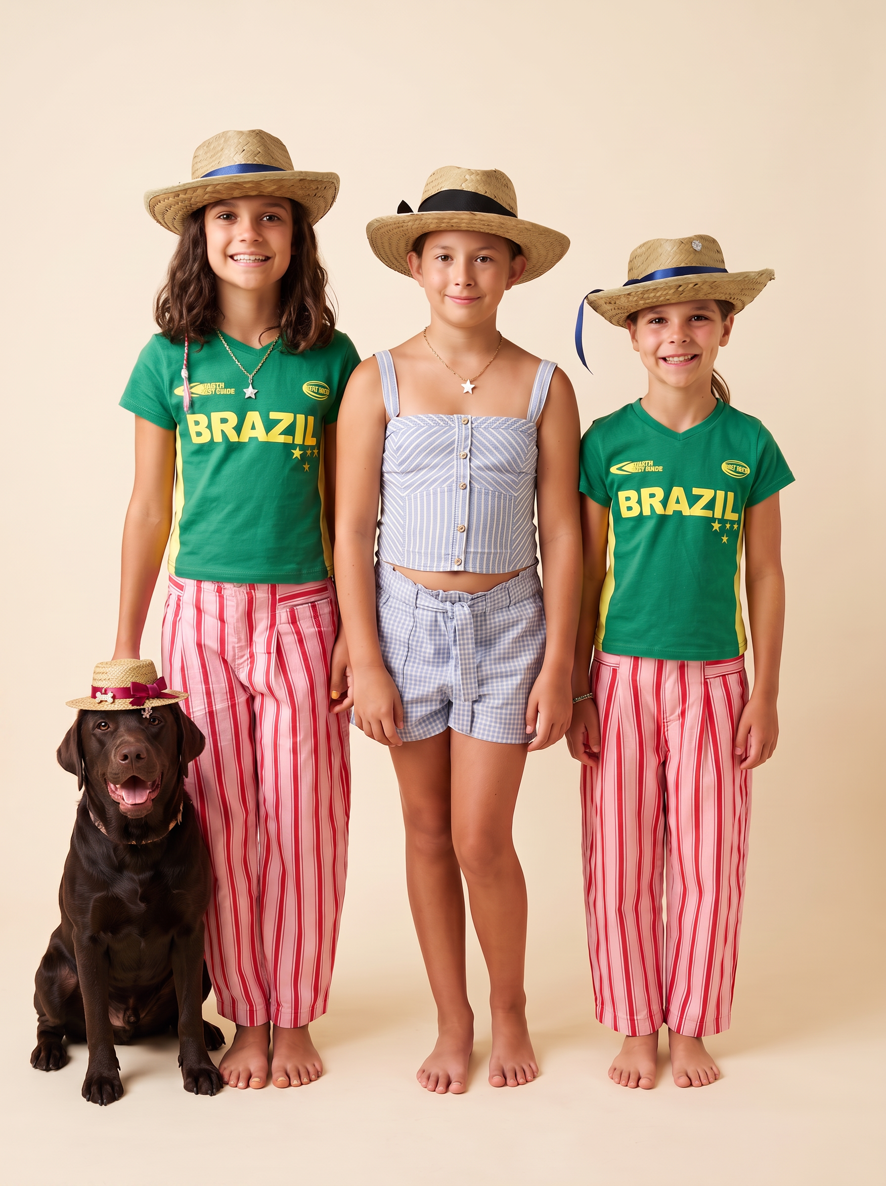Studio portrait of three girls in their own charmed straw hats with a chocolate labrador wearing a mini straw hat with a pink ribbon and bone charm