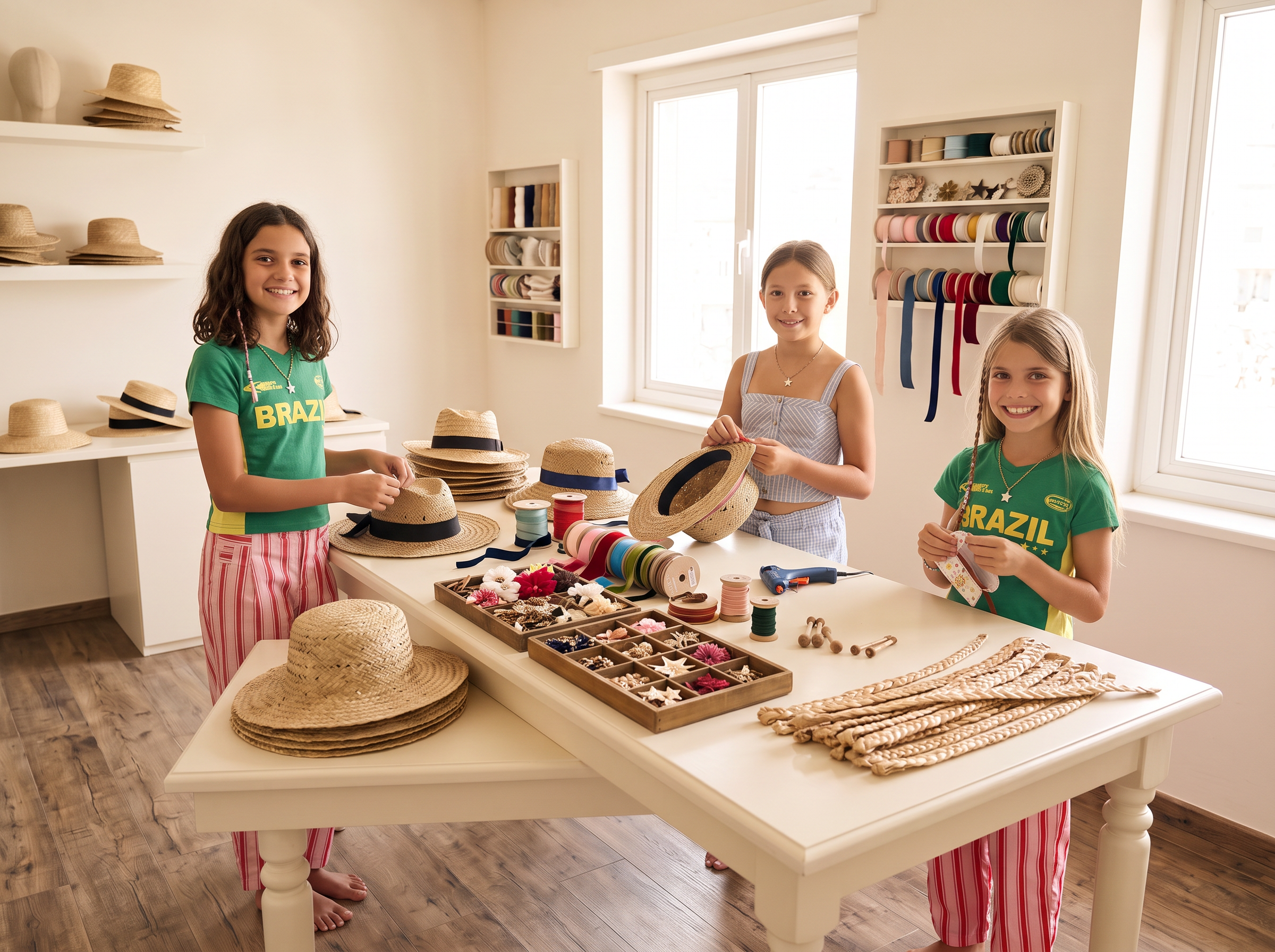 Three girls working on straw hats together at a bright studio workbench
