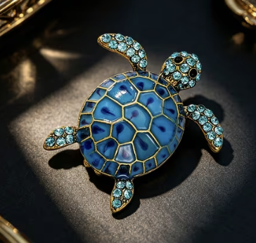Blue enamel sea turtle charm with pale blue crystals and gold trim
