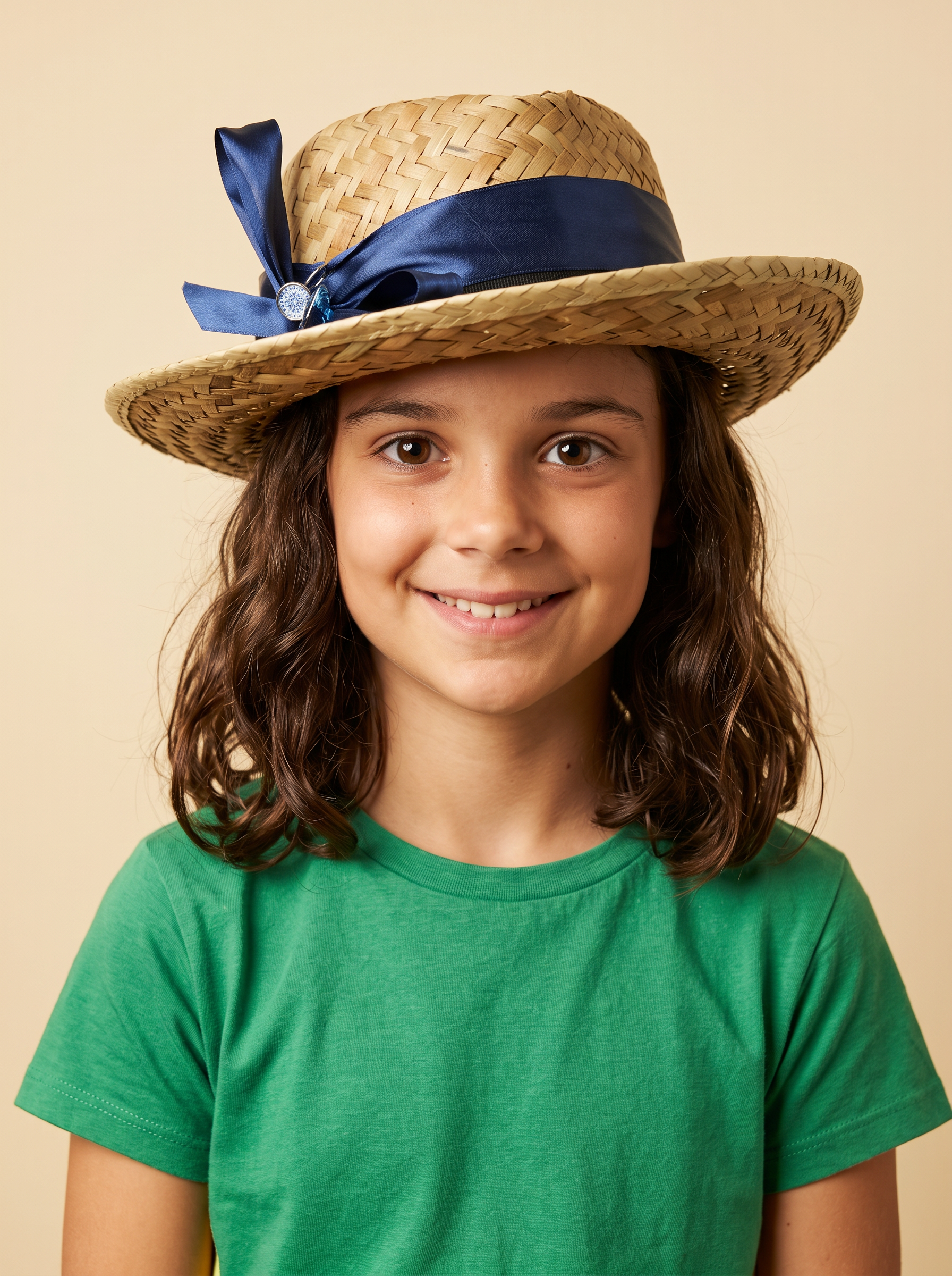 Girl smiling while wearing the finished straw hat with navy ribbon and charms