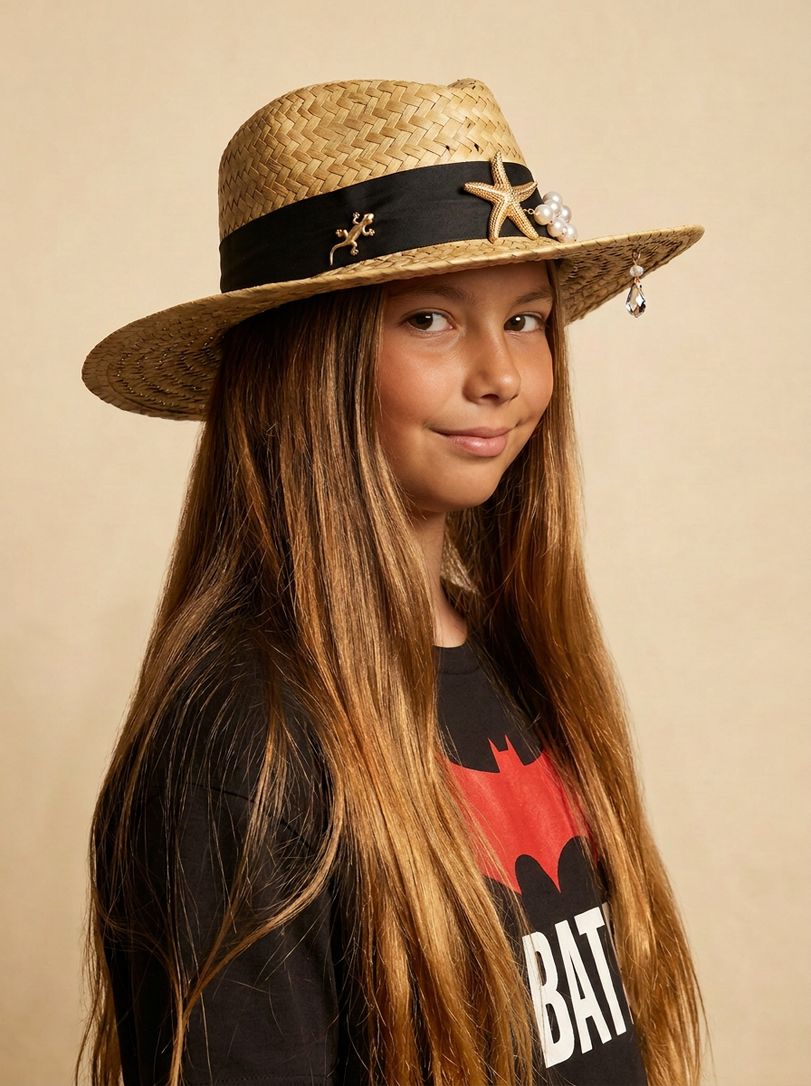 Studio portrait of Francesca in a black tee wearing a straw hat with a black ribbon band, gold starfish, pearls, a crystal drop and a tiny gold gecko