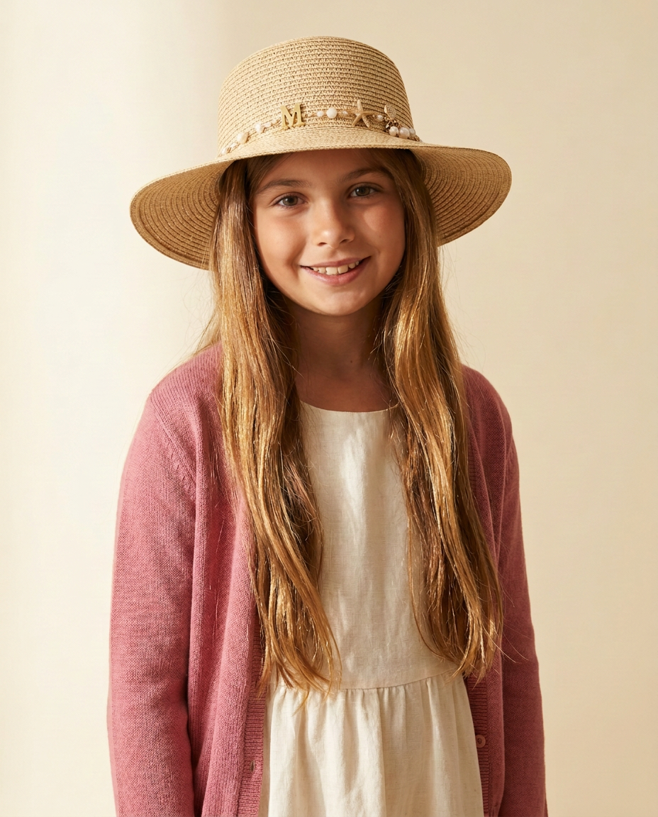 Francesca, the founder, in a studio portrait wearing a handwoven straw hat trimmed with gold initials, pearls and a starfish charm