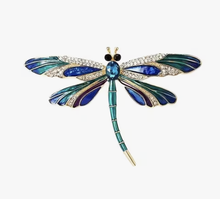 Blue and green enamel dragonfly brooch with clear crystals