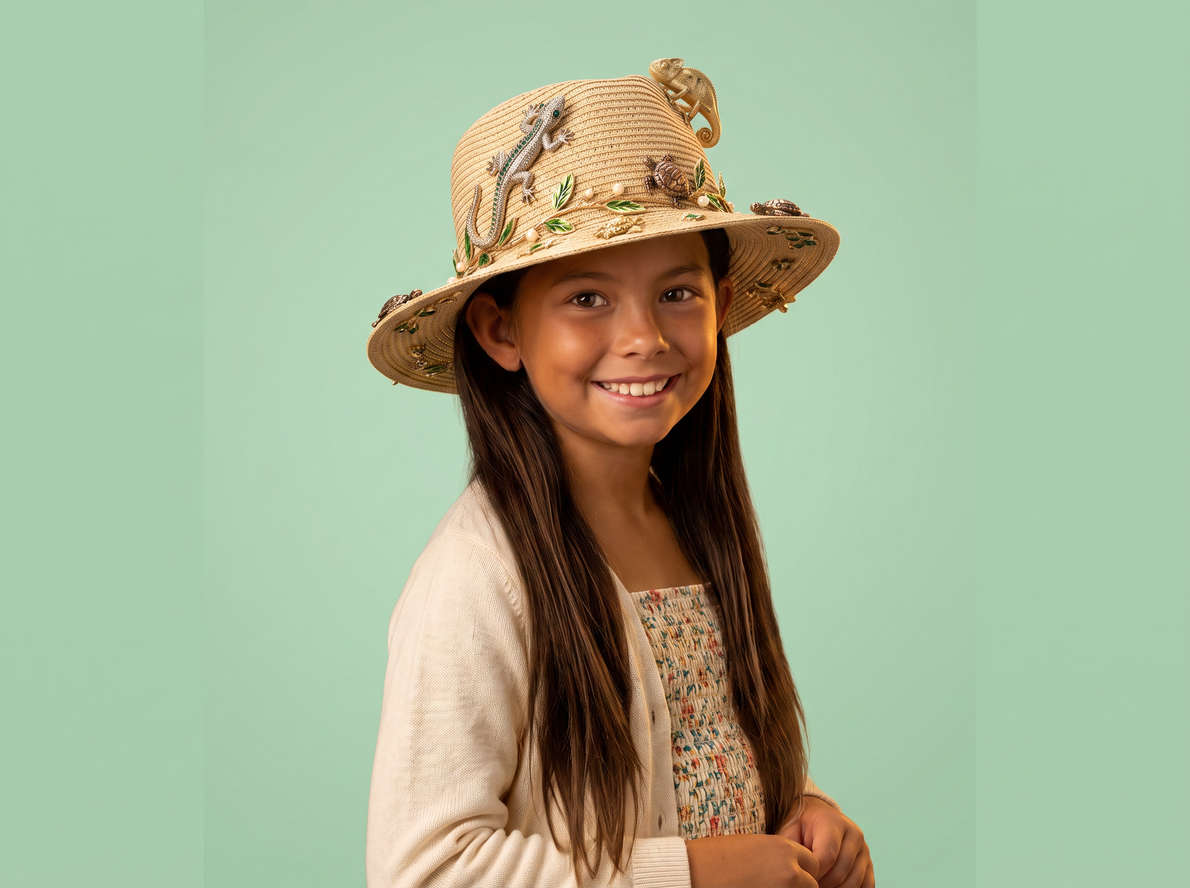 Francesca wearing the Little Gecko hat with a jewelled gecko climbing the crown, a gold chameleon, turtles, green enamel leaves and pearls