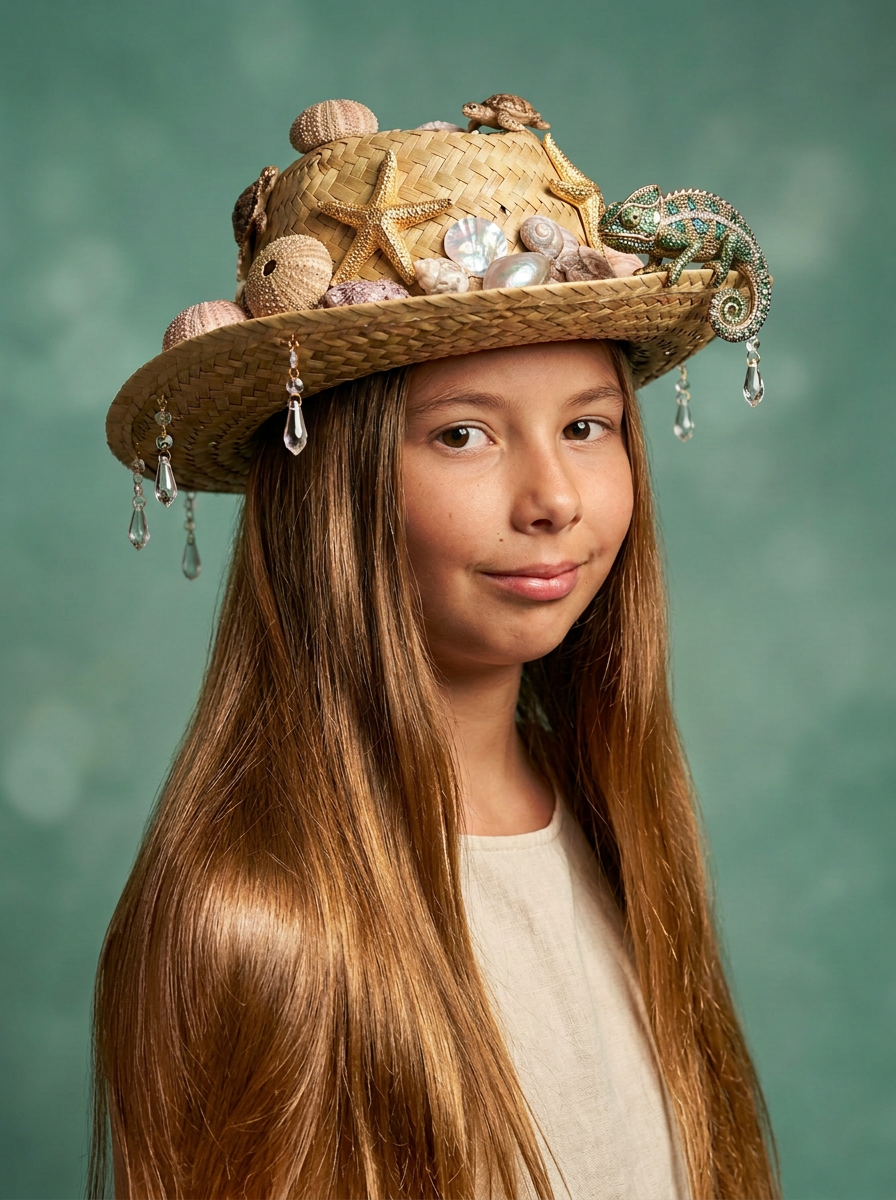 Studio portrait of Francesca wearing the Rockpool Couture hat sculpted with gold starfish, sea urchins, a jewelled chameleon, turtles, shells and trailing crystal drops
