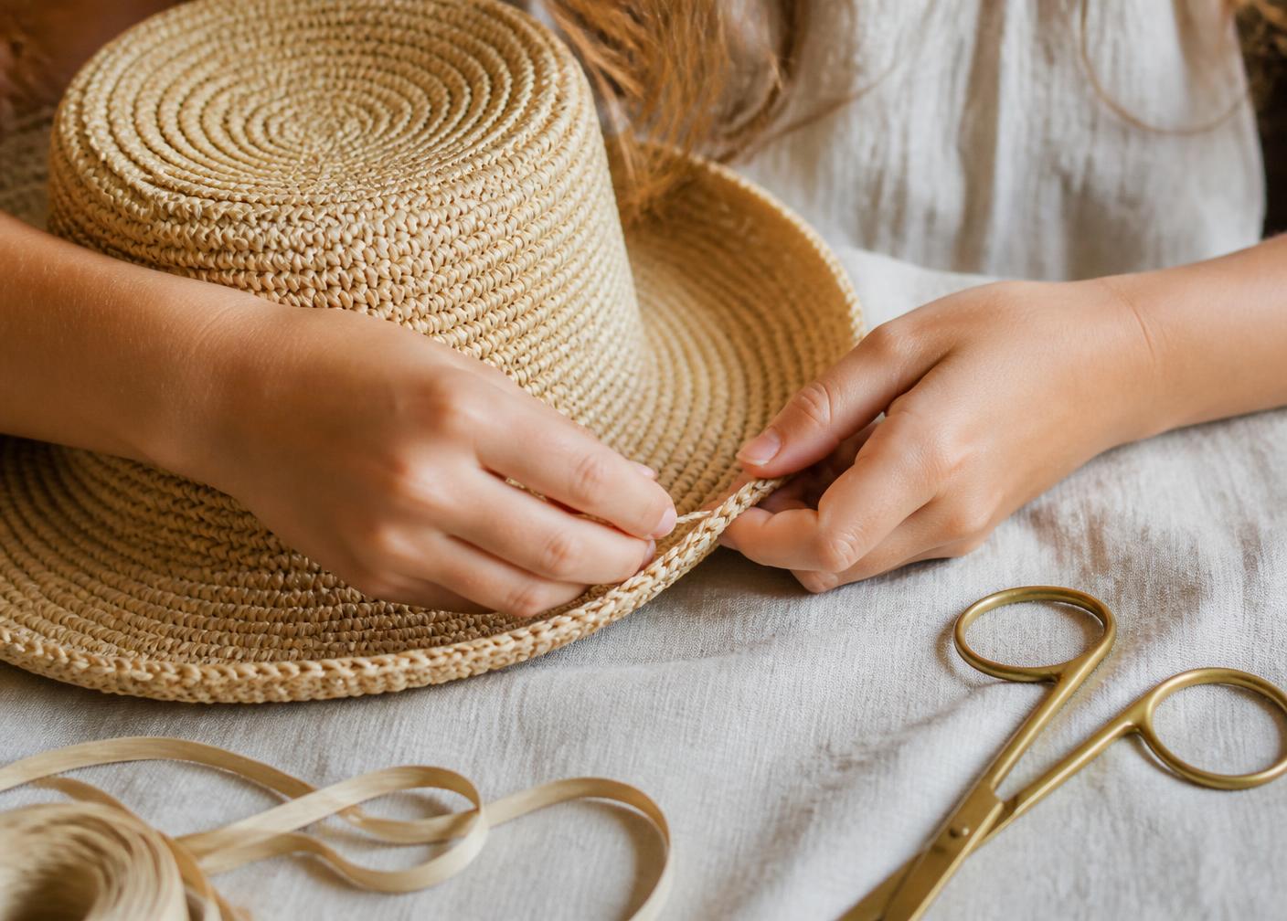 Close-up of Francesca's young hands weaving and finishing a straw hat brim