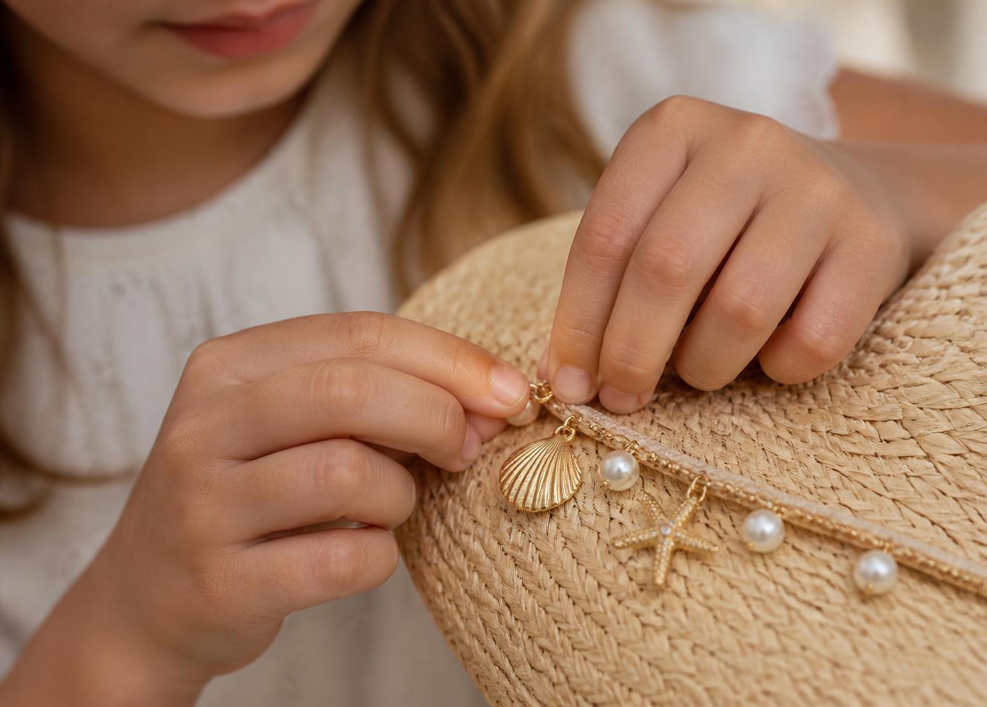 Francesca's young hands clipping gold charms and pearls onto a hat band