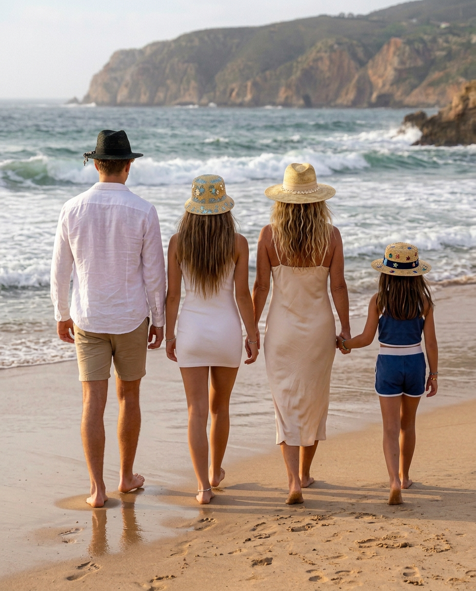 The family walking together on the sand at Guincho, each wearing a hat that tells who they are — Francesca's reptile and starfish boater, Charlotte's crystal star bucket hat, Mum's pearl and gold heart fedora, and Lucas's steel-hoop black trilby