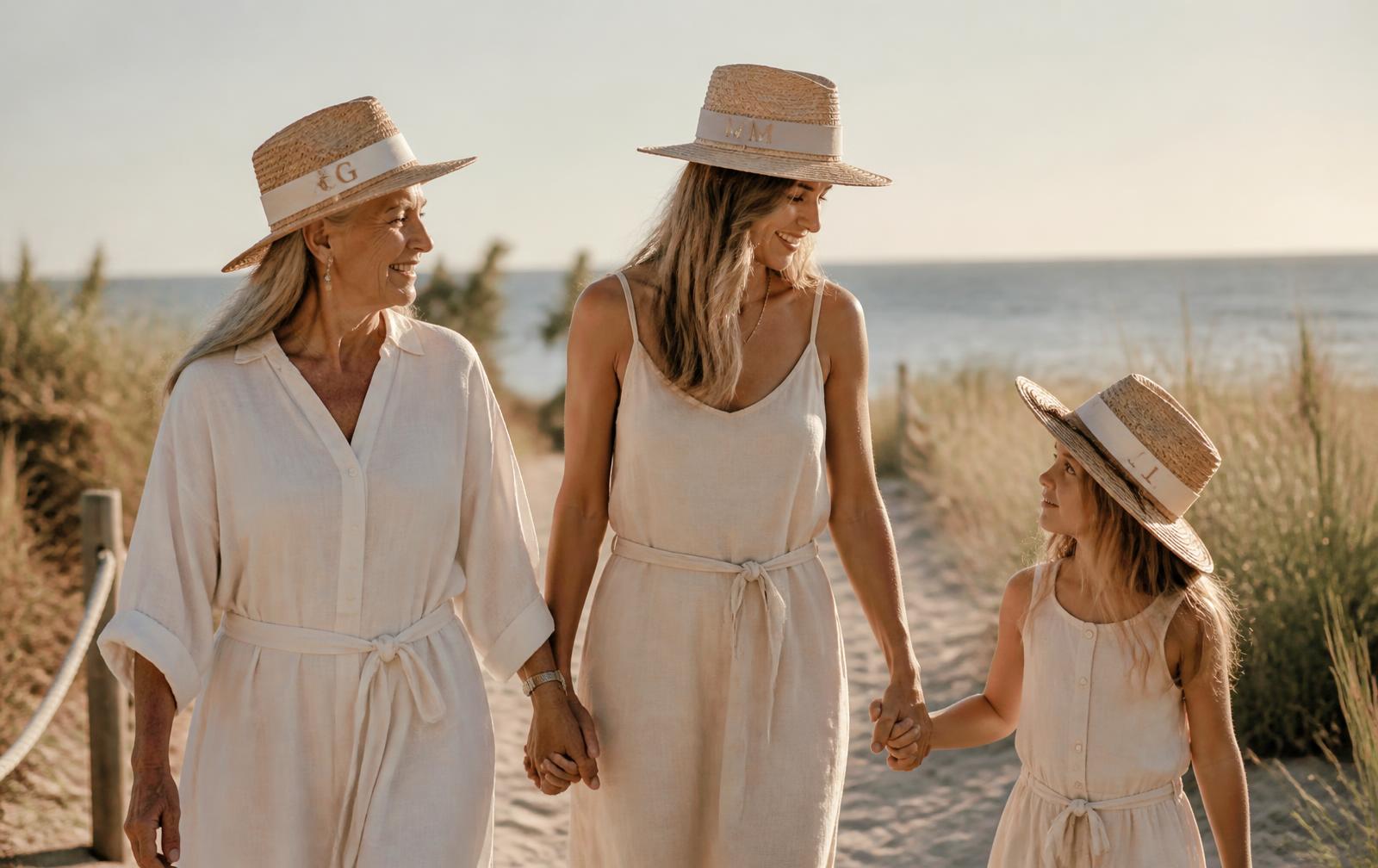 Three generations wearing matching handwoven straw hats
