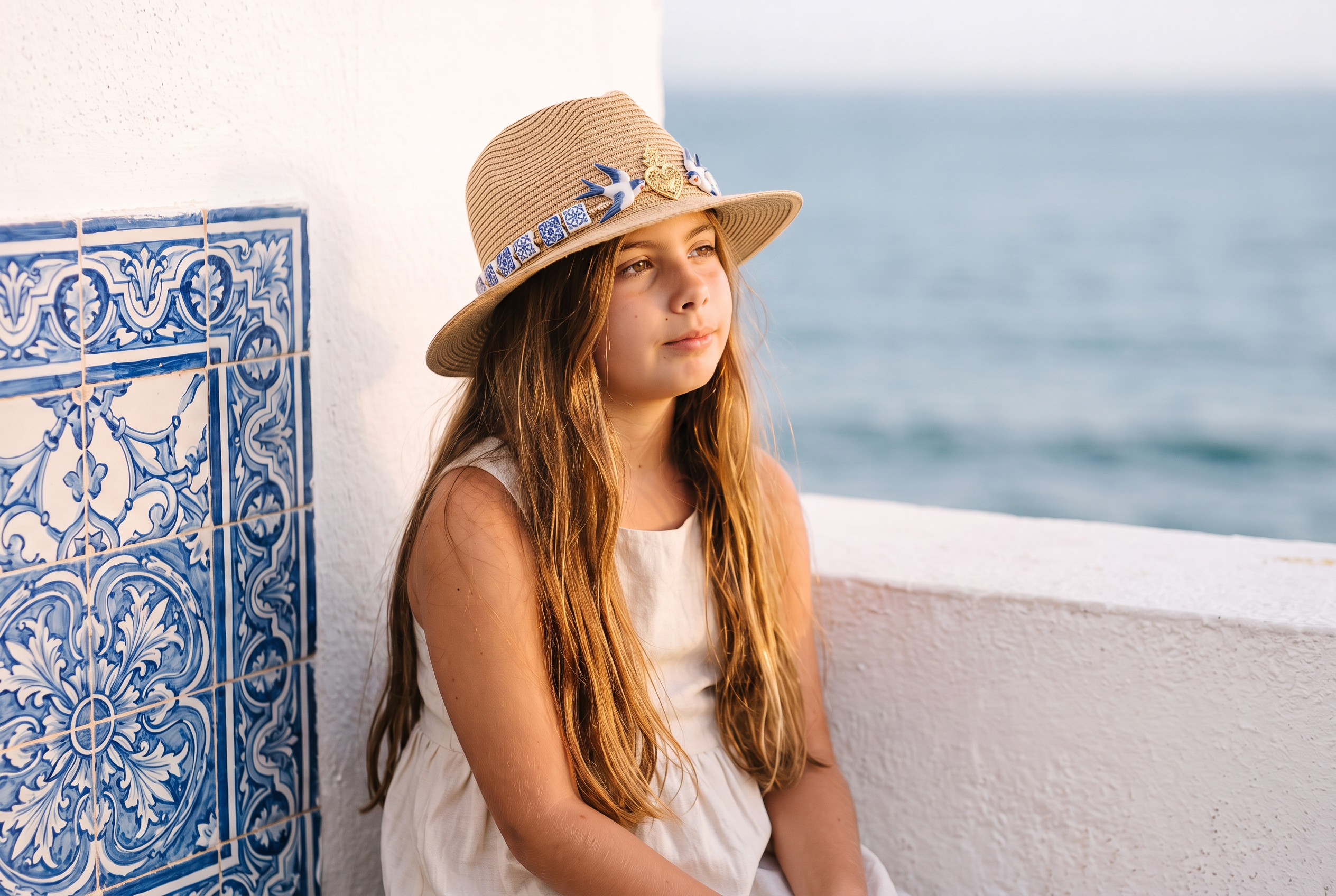 Francesca by the sea in Portugal wearing a straw hat trimmed with azulejo tiles, ceramic swallows and a gold Viana do Castelo heart