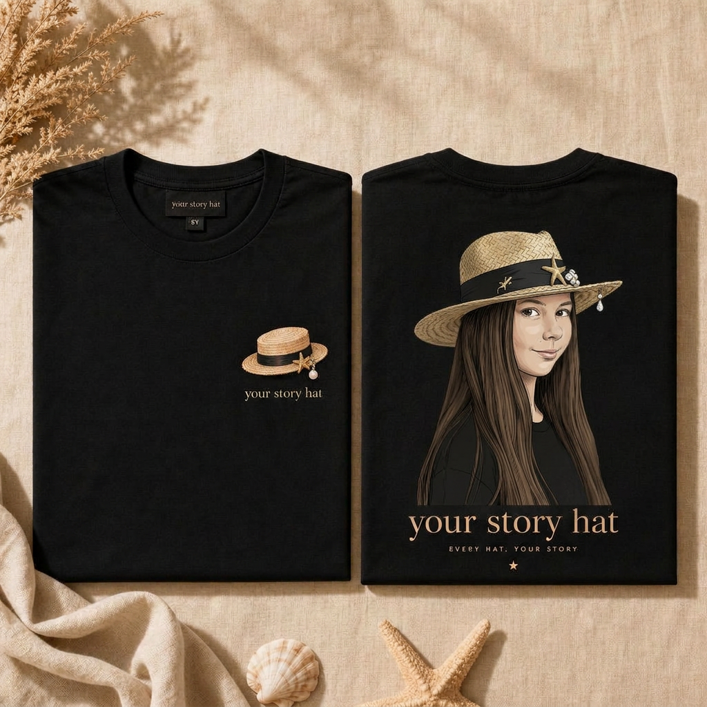 Black cotton t-shirt flat-lay showing the front with a small straw hat illustration and your story hat text, and the back with a large Francesca print