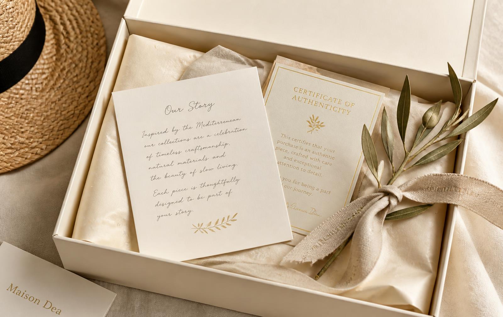 Hat presented in a linen-lined box with a handwritten story card