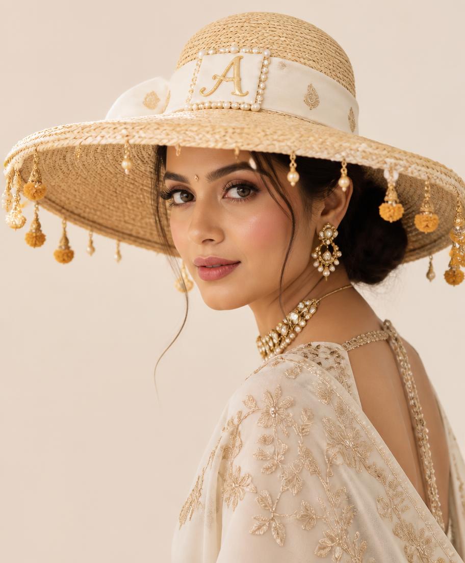 South Asian bride in ivory with gold jewellery wearing a wide-brim straw hat with ivory silk, gold marigold charms, paisley motifs and pearls