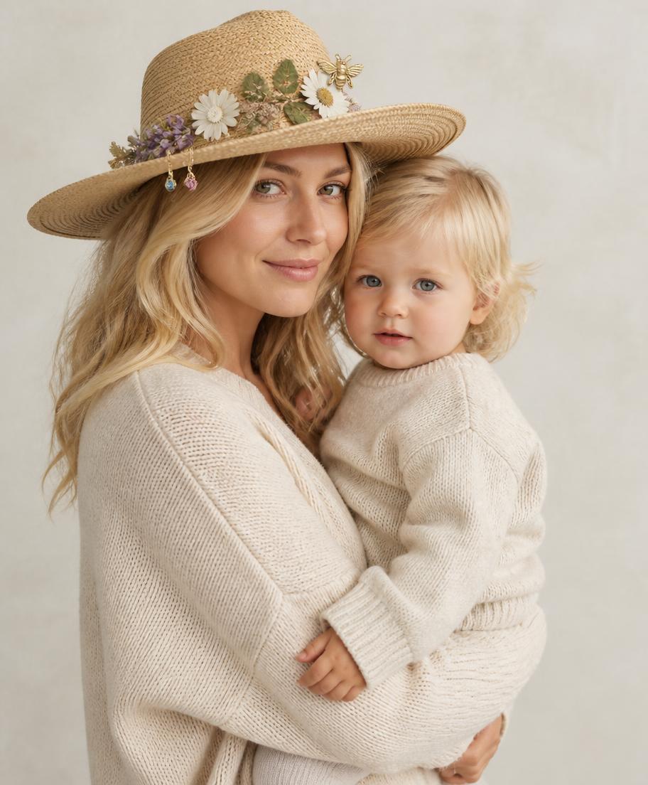Scandinavian mother in oatmeal knitwear holding her toddler, wearing a straw sun hat with pressed wildflowers, enamel leaves, birthstone drops and a gold bee