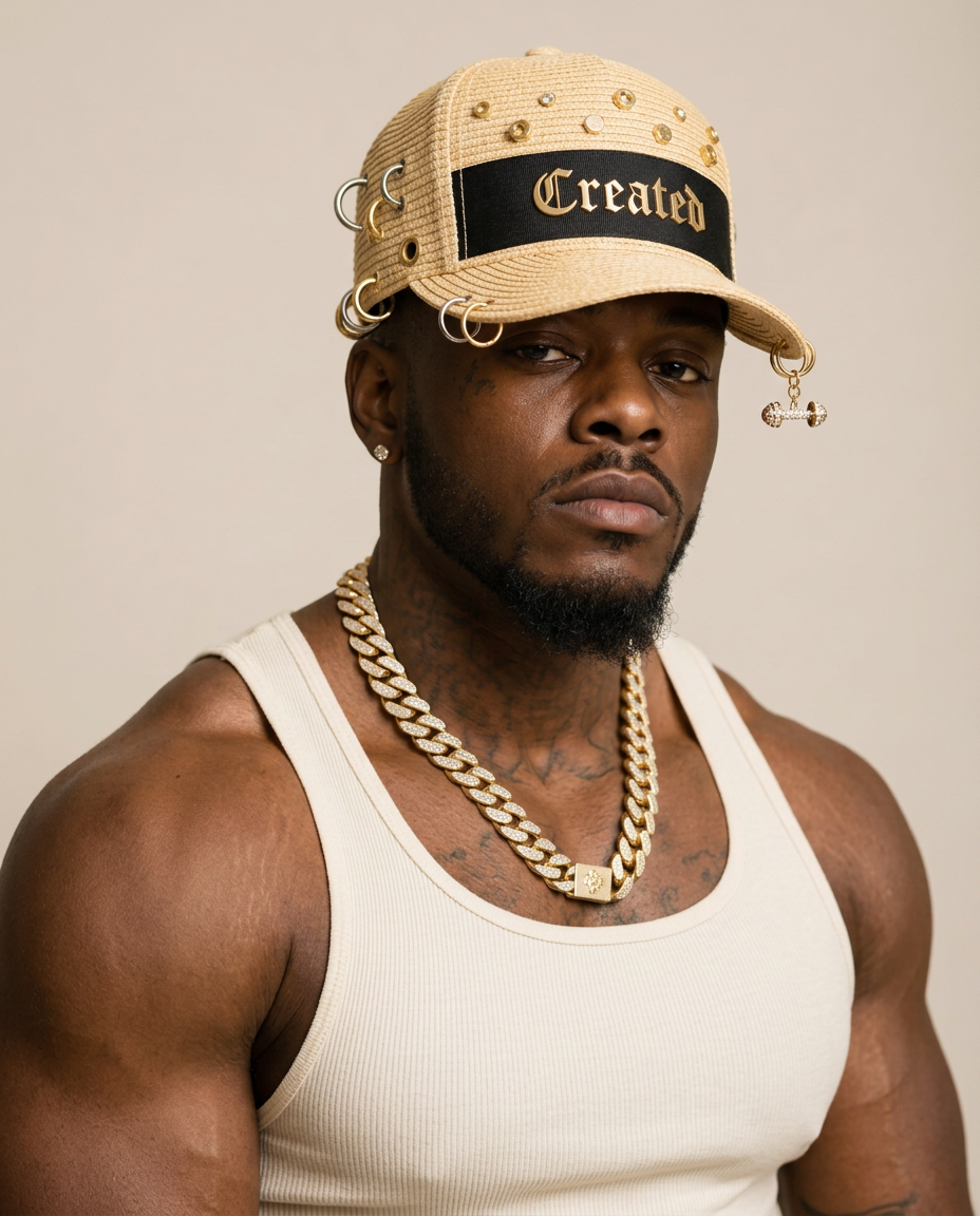 Muscular Black man in a cream ribbed tank and gold cuban chain wearing a woven straw baseball cap with a black band, gold lettering, steel hoop rings, gold bolt studs and a crystal barbell charm