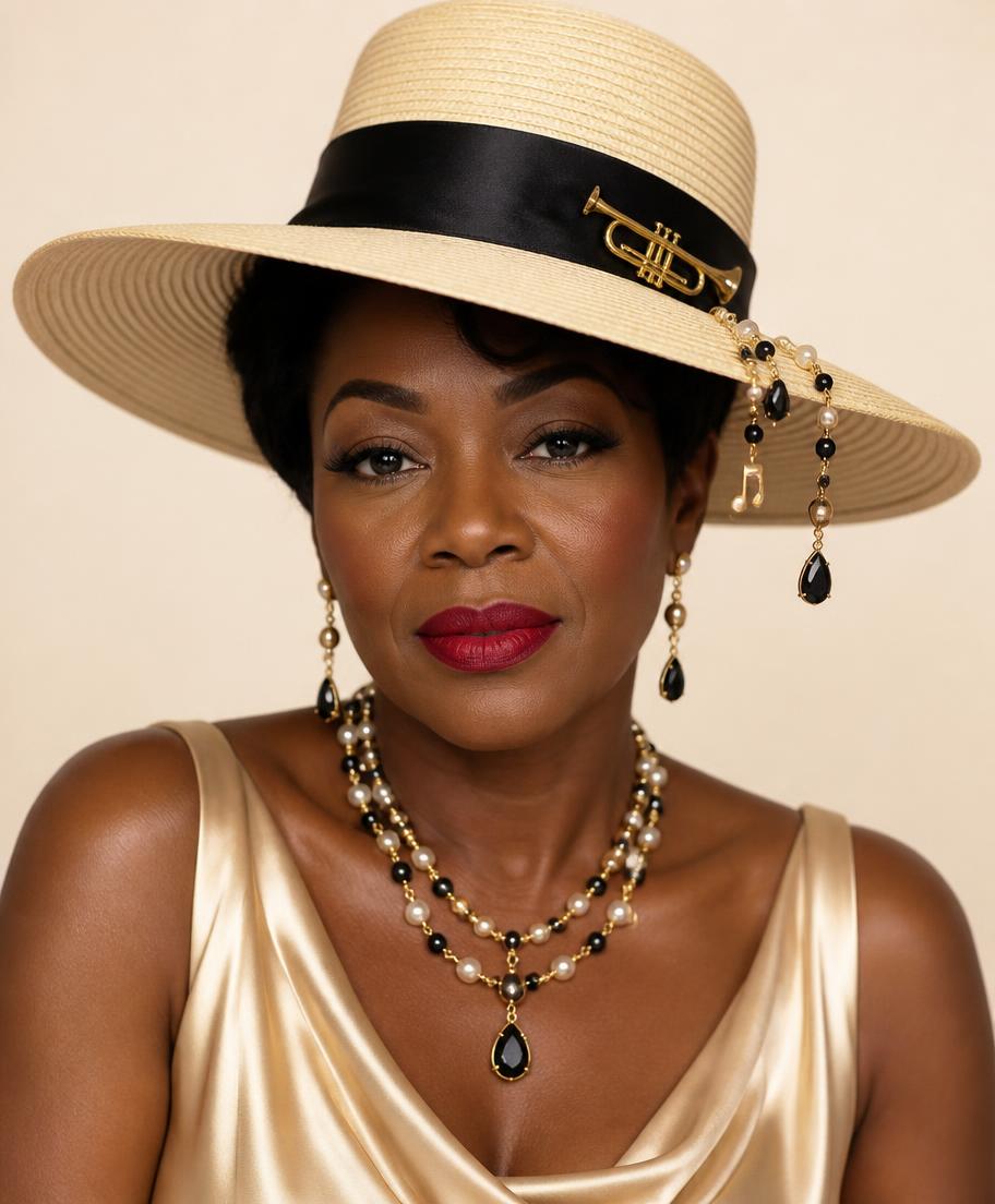 Elegant Black woman in champagne satin with red lipstick wearing a wide-brim straw hat with black silk band, gold trumpet charm, music-note beads and jet drops