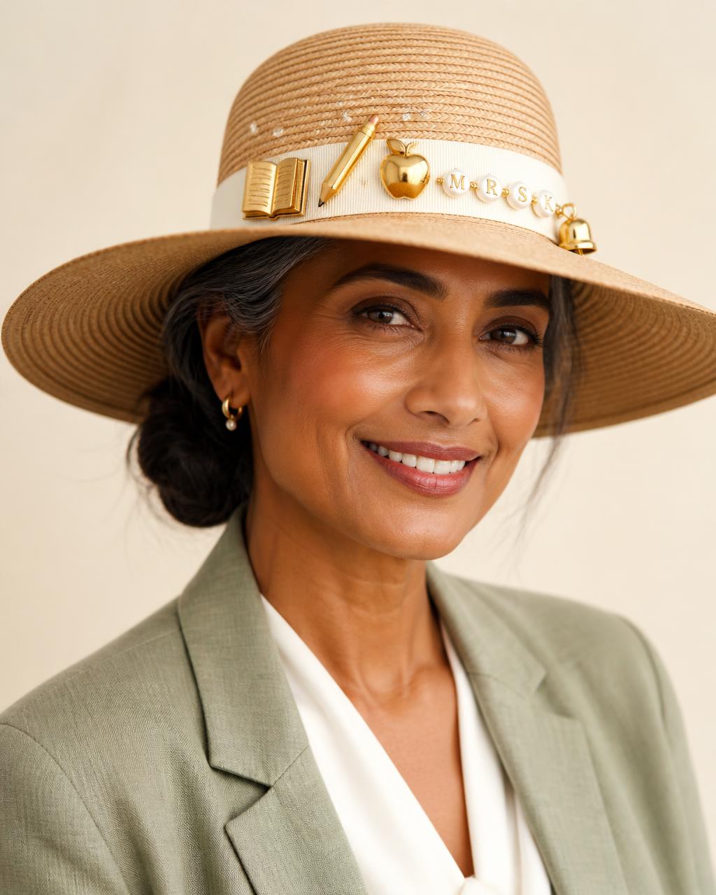 Smiling teacher in her fifties in a sage linen blazer wearing a wide-brim straw hat with a white band, gold book, pencil and apple charms, pearl initial beads and a small gold bell