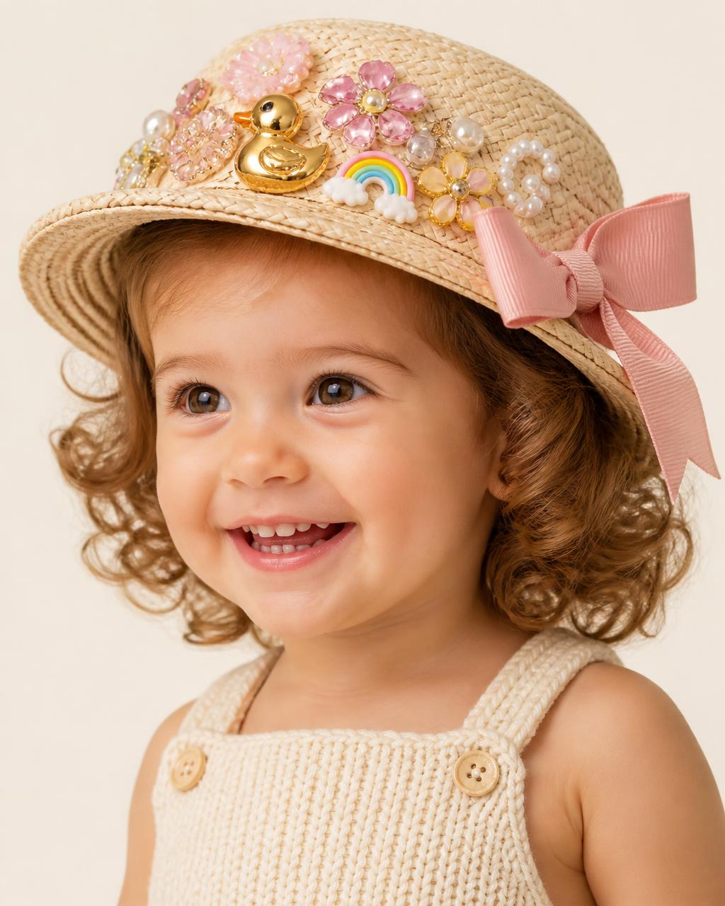 Three year old girl with curly hair in a cream knit pinafore wearing a tiny straw hat bedazzled with pink crystal flowers, a gold duckling charm, rainbow charm and pearl beads