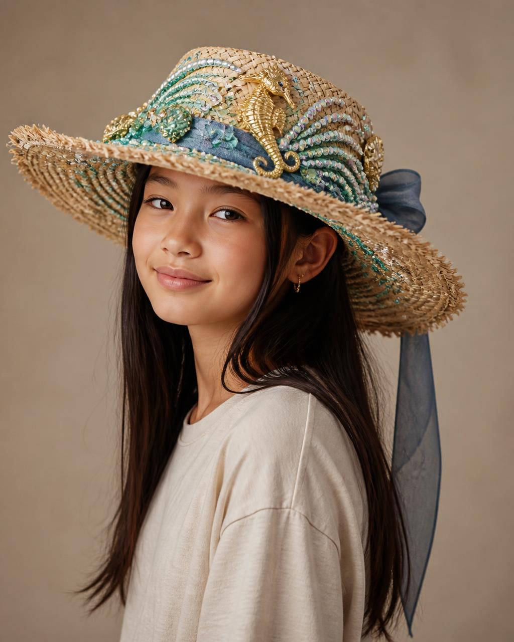 Twelve year old girl with long dark hair in an oatmeal tee wearing a wide-brim straw hat bedazzled with iridescent crystal waves, gold seahorse charm, shells and turquoise beads