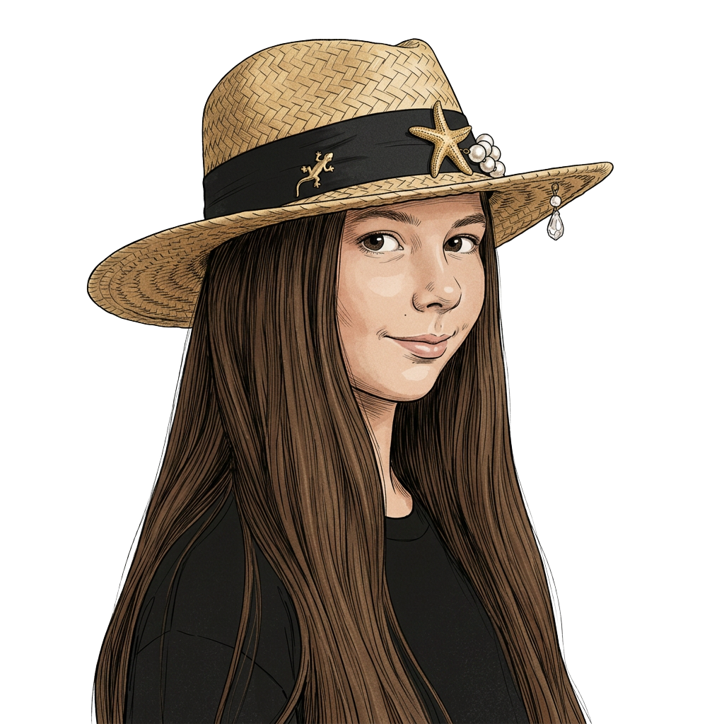 Your Story Hat logo — printed portrait of founder Francesca in her charm-trimmed straw hat and black T-shirt