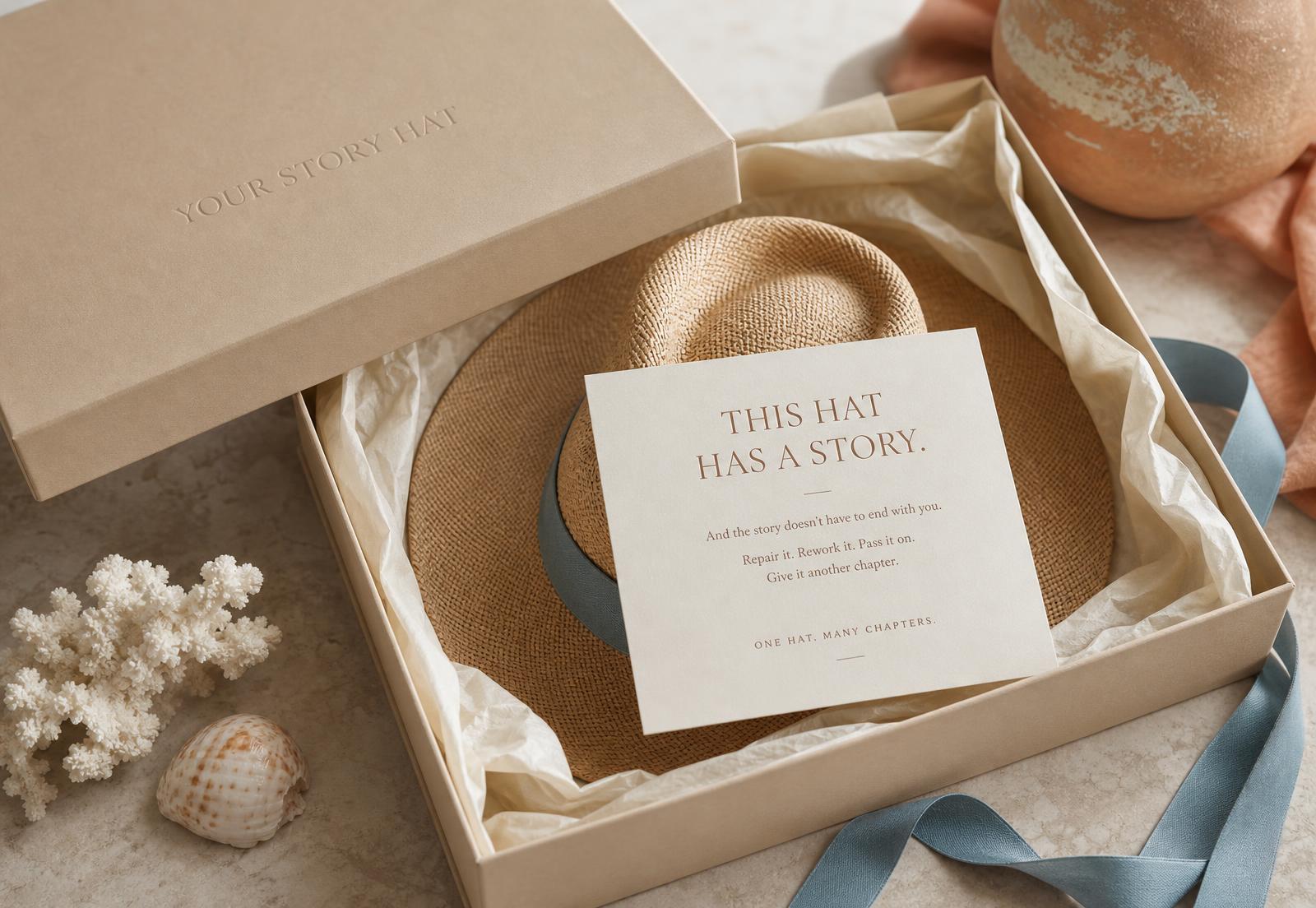 Your Story Hat presentation box with an embossed wordmark, tissue lining, a straw hat and a printed story card