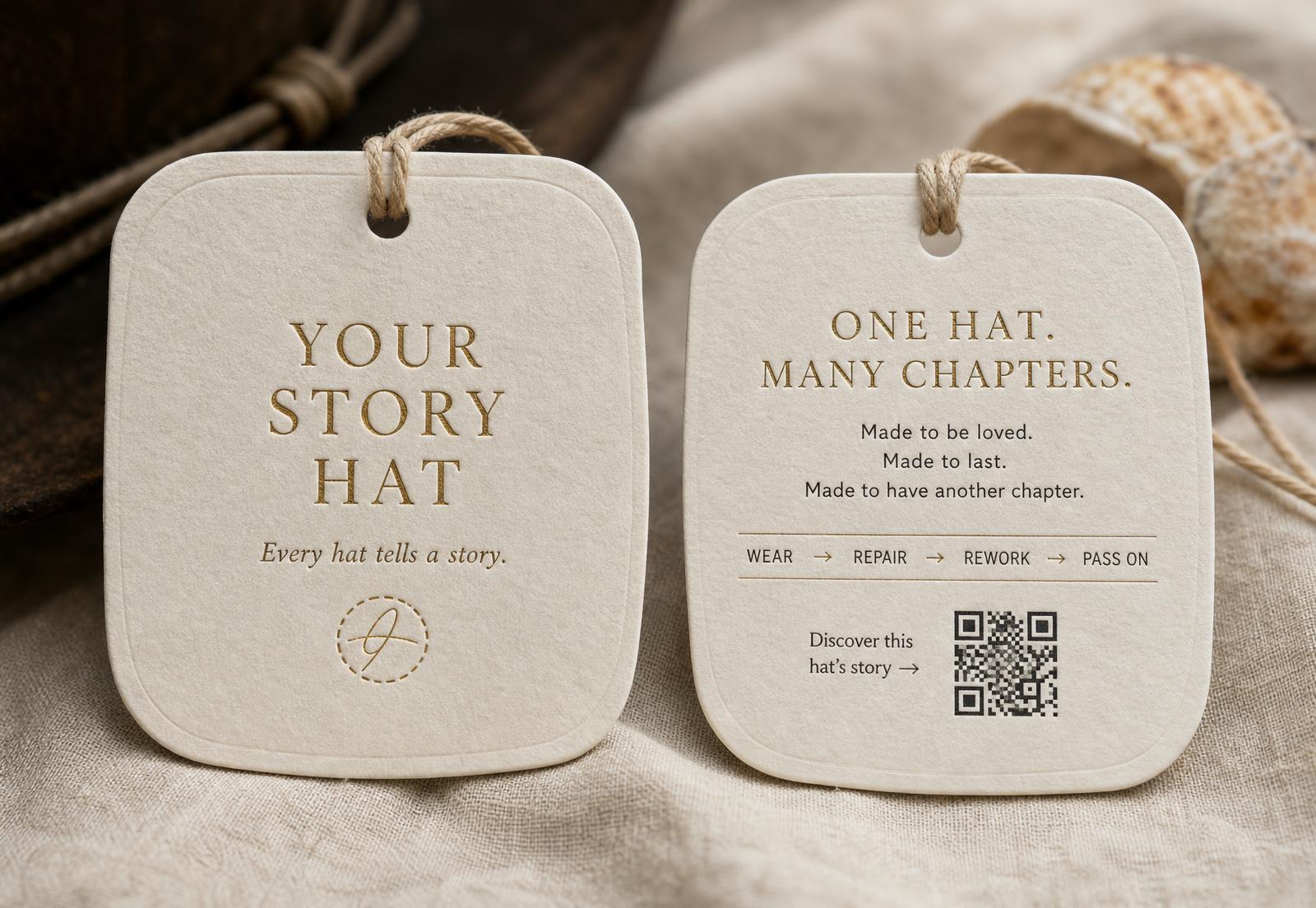 Front and back of the Your Story Hat card tag, embossed with the wordmark, the tagline and the wear, repair, rework, pass on journey